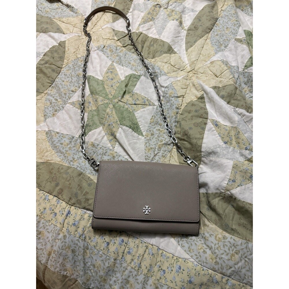 Tory Burch Robinson Leather Chain Wallet/Shoulder/Crossbody Bag in French Gray